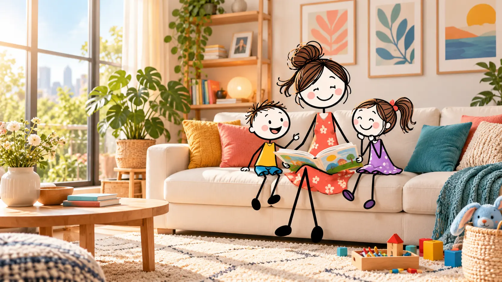 Colorful stick-figure mother and two children reading together on a sofa in a bright family living room.