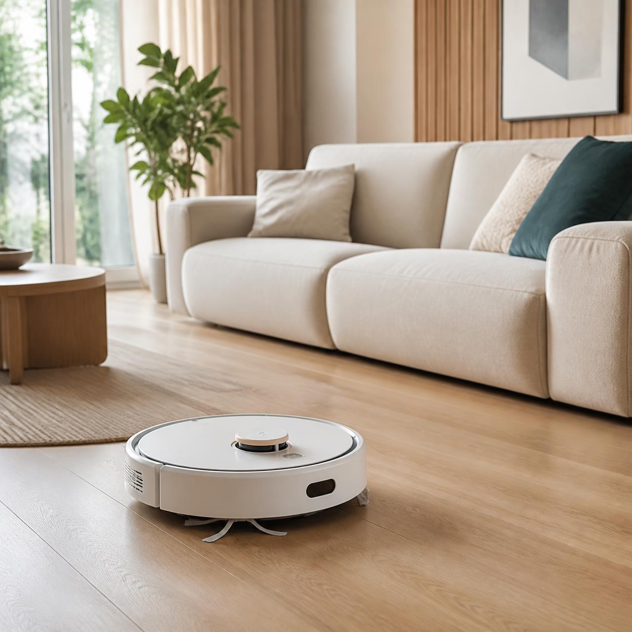 A robot vacuum cleaning the wooden floor of a bright modern living room